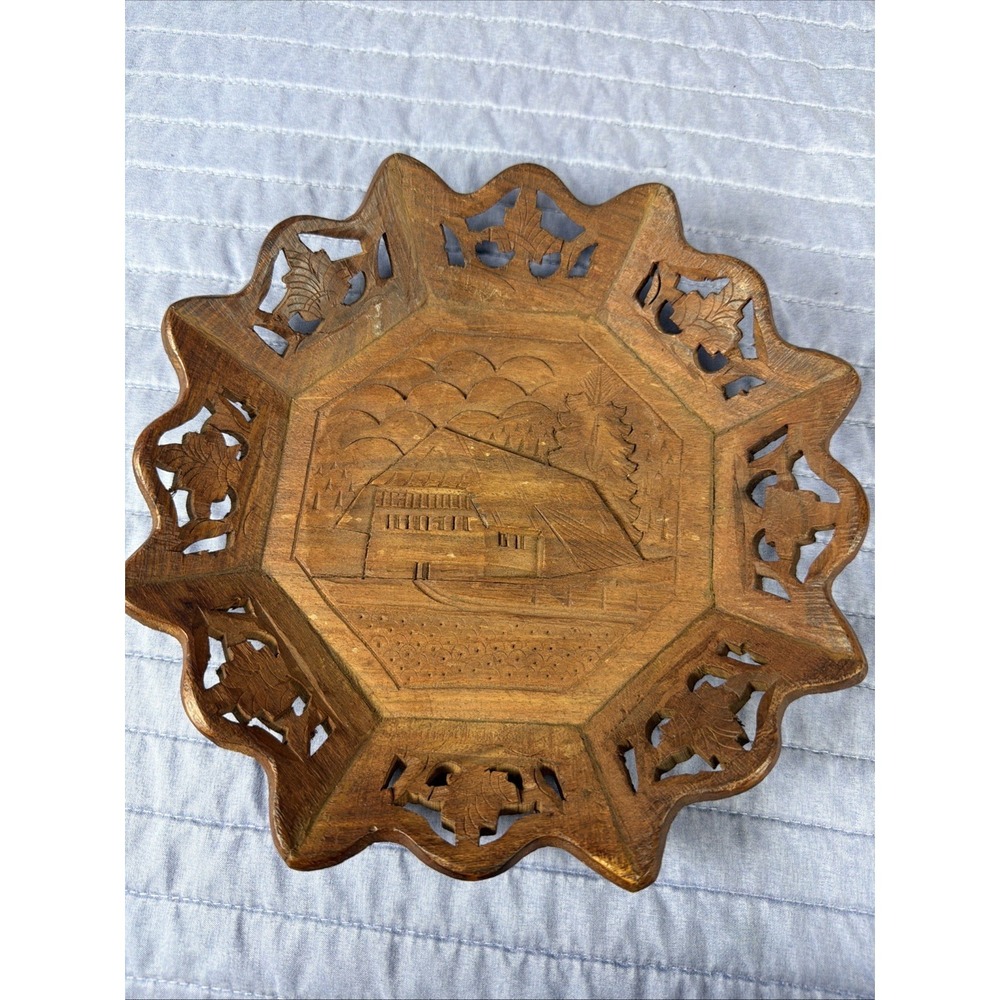 Vintage Carved Wood Octagonal Serving Tray 10.5" Decorative Floral Cutout